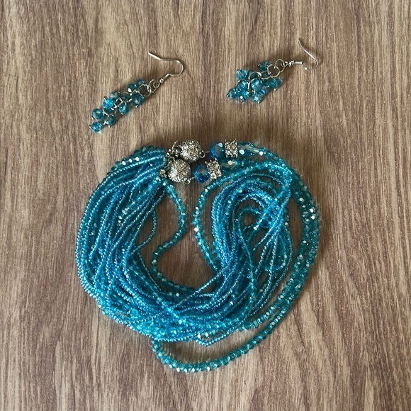 Elegant Blue Beaded Necklace and Earring Set